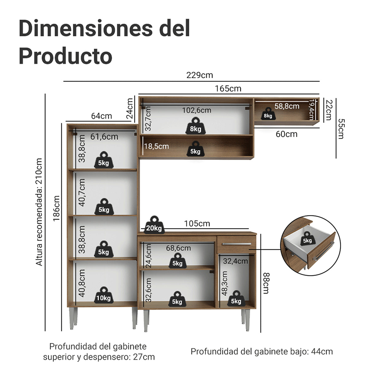 Cocina Integral Emily Marrón 229x210cm con Mesón de Madera Aglomerada Mdp y sin Estufa