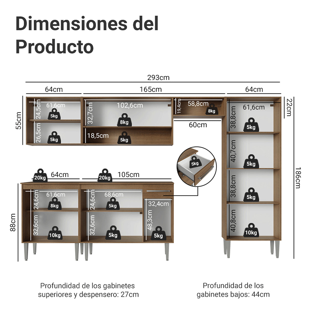 Cocina Integral Emily Marrón 293x186cm con Mesón de Madera Aglomerada Mdp y sin Estufa