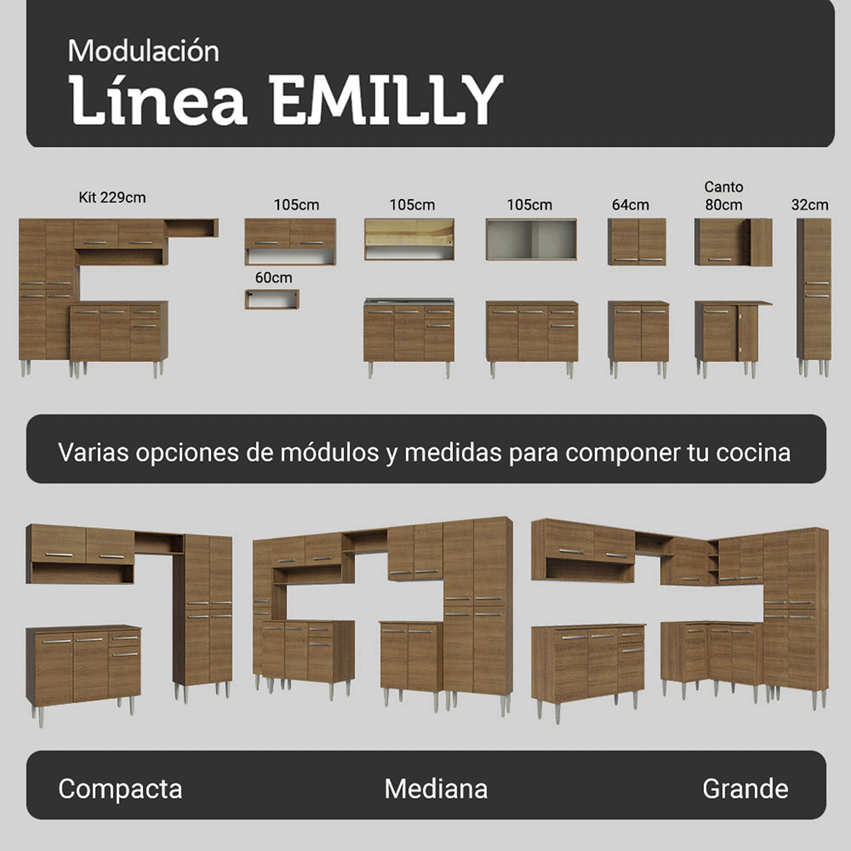 Cocina Integral Emily Marrón 325x186cm con Mesón de Madera Aglomerada Mdp y sin Estufa