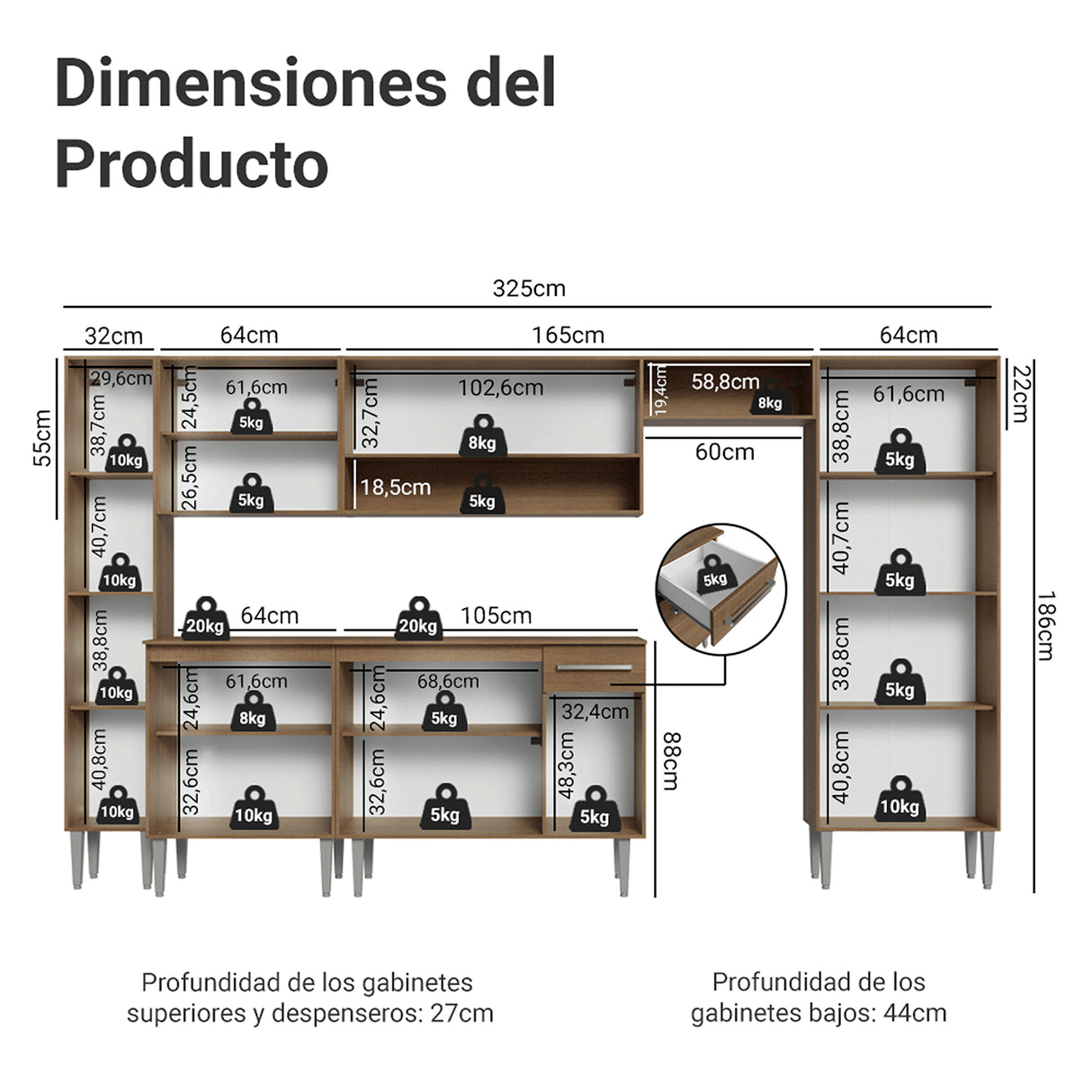 Cocina Integral Emily Marrón 325x186cm con Mesón de Madera Aglomerada Mdp y sin Estufa