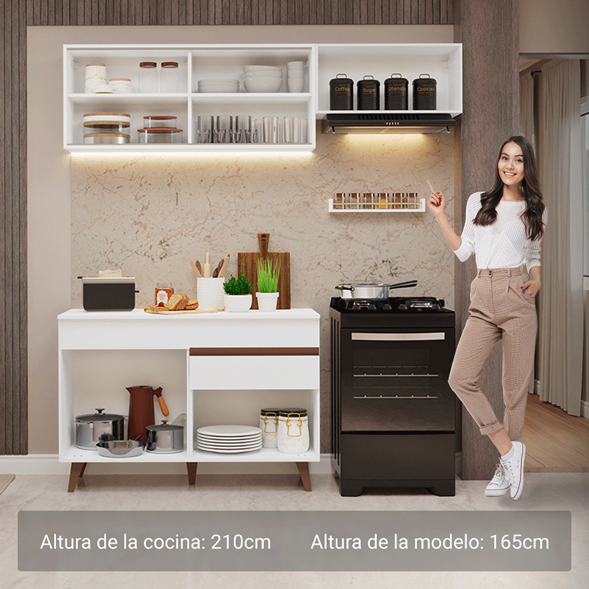 Cocina Integral Reims Blanco 190x210cm con Mesón de Madera Aglomerada Mdp con Un Cajón y sin Estufa
