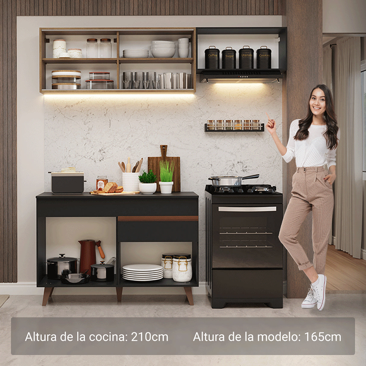Cocina Integral Reims Negro y Marrón 190x210cm con Mesón de Madera Aglomerada Mdp con Cinco Puertas y sin Estufa