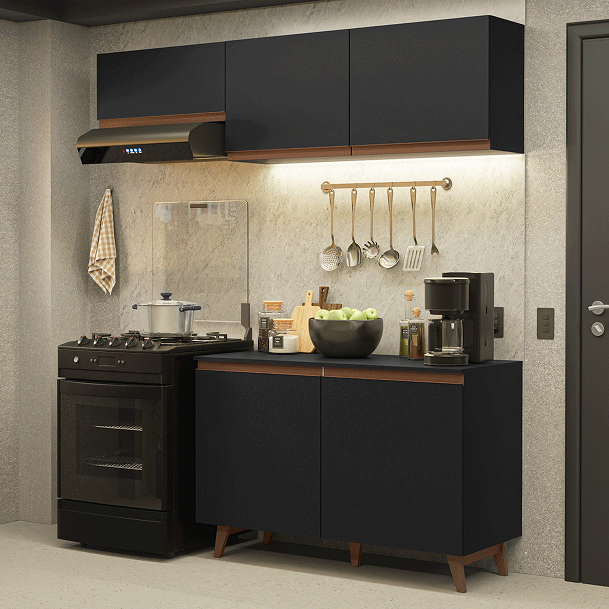Cocina Integral Reims Negro 190x210cm con Mesón de Madera Aglomerada Mdp y sin Estufa