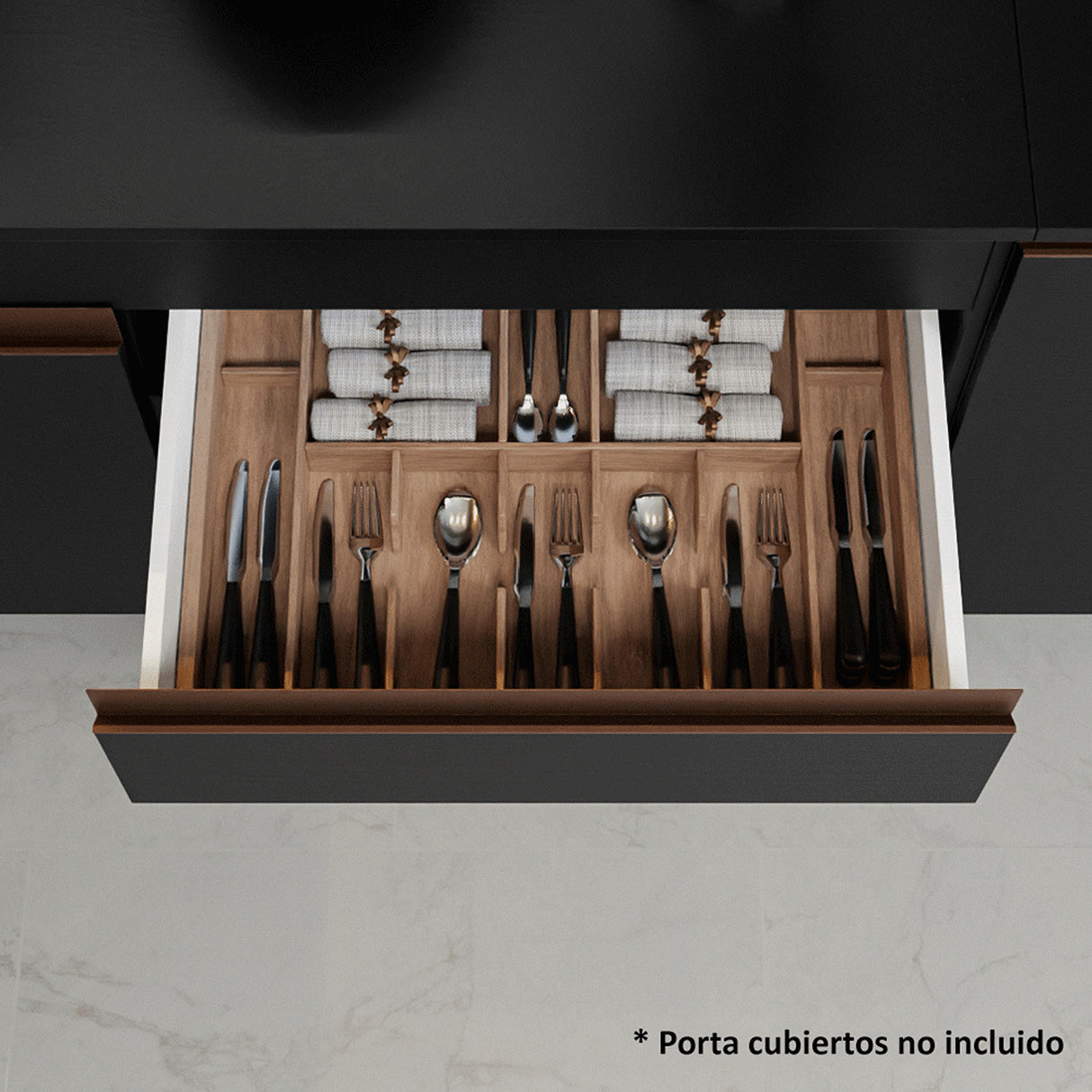 Cocina Integral Reims Negro y Marrón 190x210cm con Mesón de Madera Aglomerada Mdp y sin Estufa