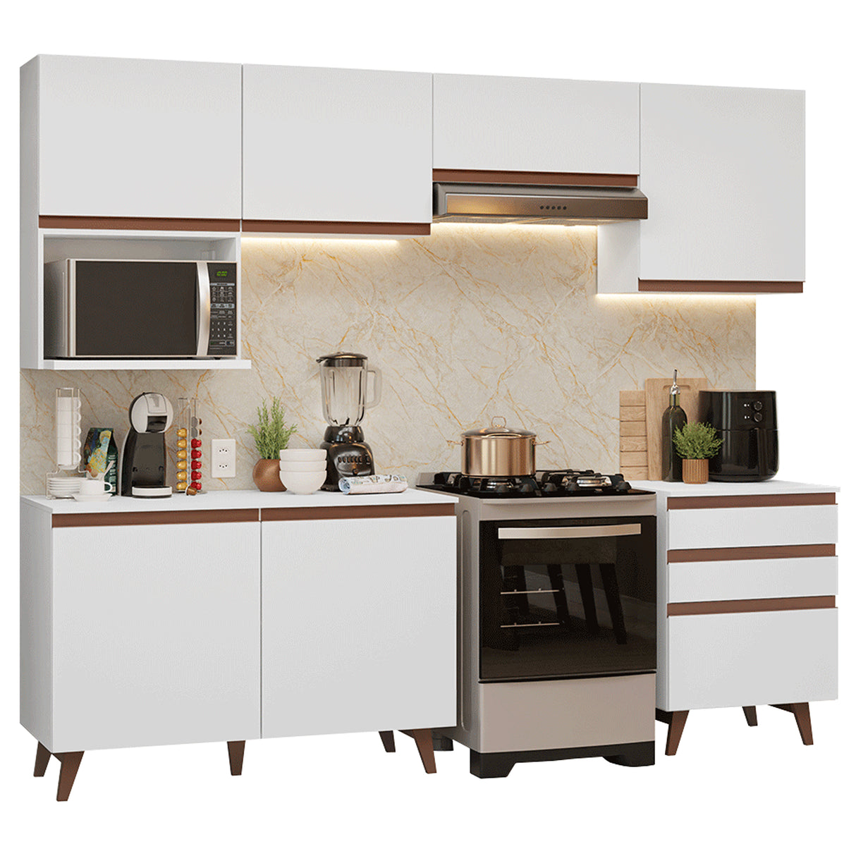 Cocina Integral Reims Blanco 250x210cm con Mesón de Madera Aglomerada Mdp con Espacio para Microondas Izquierdo y sin Estufa
