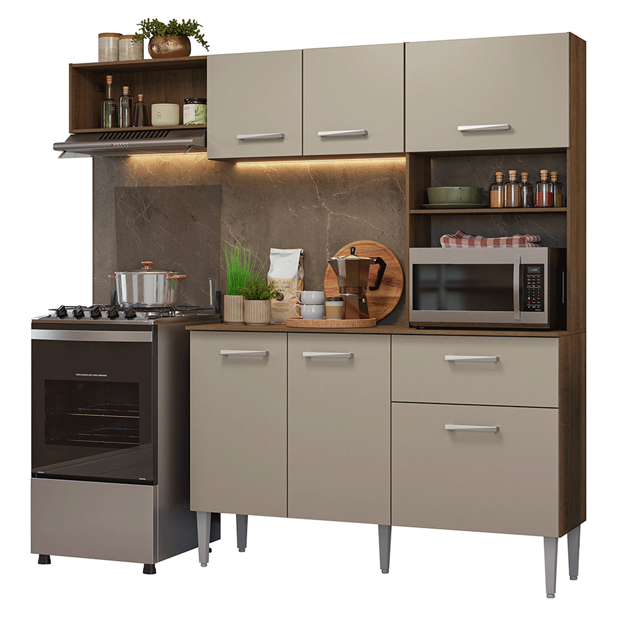 Cocina Integral Aura Marrón y Crema 196x187cm con Mesón de Madera Aglomerada Mdp y sin Estufa