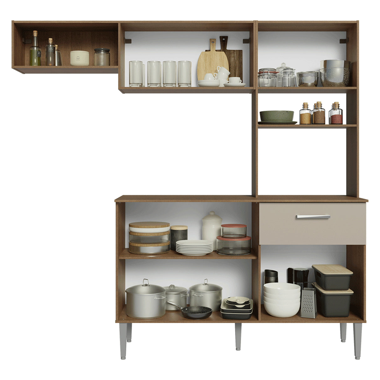 Cocina Integral Aura Marrón y Crema 196x187cm con Mesón de Madera Aglomerada Mdp y sin Estufa