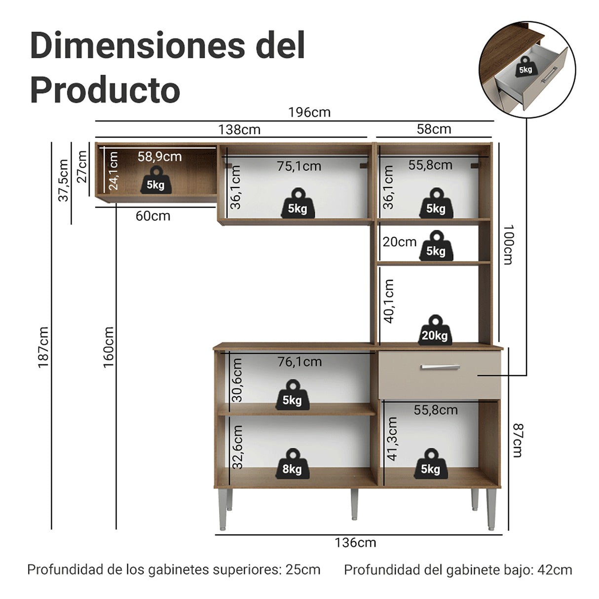 Cocina Integral Aura Marrón y Crema 196x187cm con Mesón de Madera Aglomerada Mdp y sin Estufa