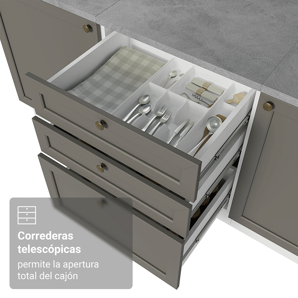 Cocina Integral Vik Blanco y Gris 399x225cm sin Mesón para Pozuelo Izquierda y sin Estufa