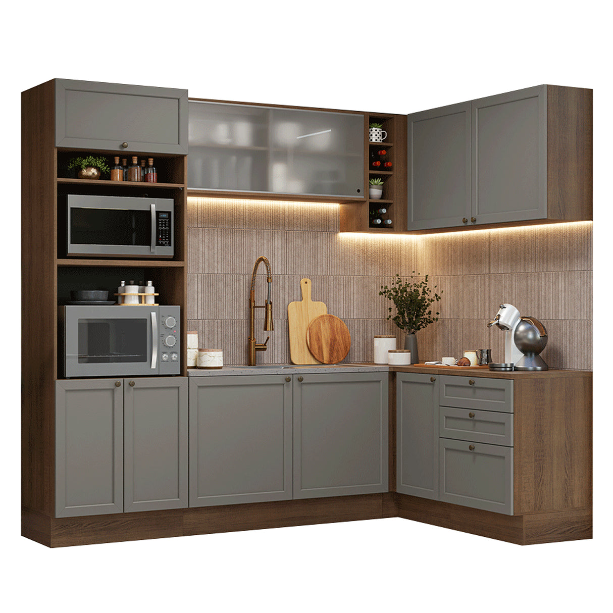 Cocina Integral Vik Marrón y Gris 399x225cm sin Mesón para Pozuelo Izquierda y sin Estufa