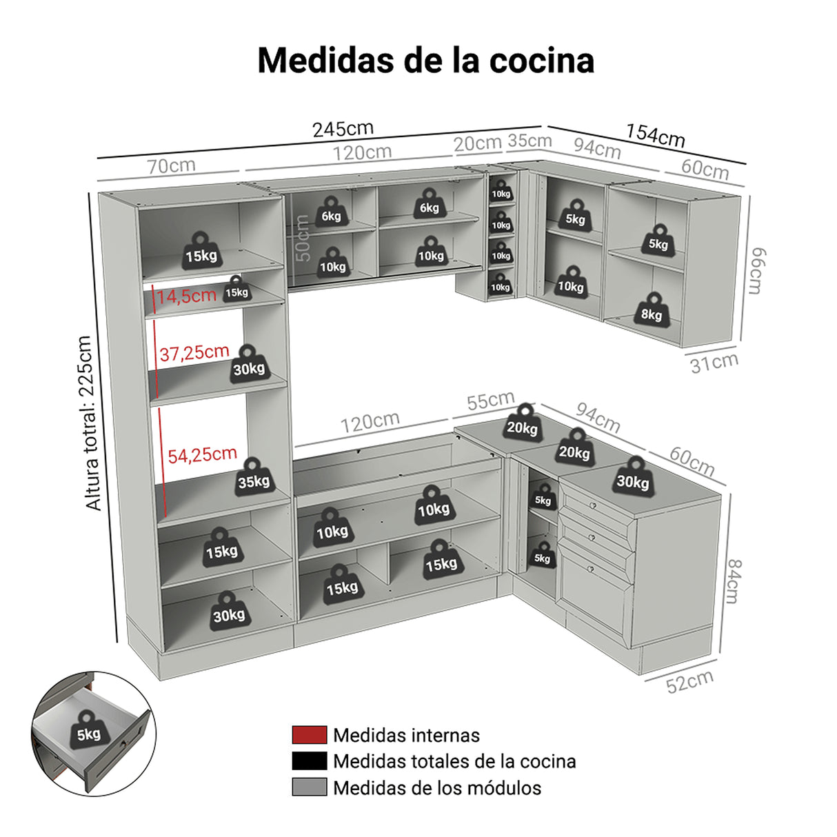 Cocina Integral Vik Marrón y Gris 399x225cm sin Mesón para Pozuelo Izquierda y sin Estufa