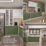 Cocina Integral Vik Blanco y Verde 399x225cm sin Mesón para Pozuelo Izquierda con Puertas de Vidrio y sin Estufa