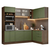 Cocina Integral Vik Marrón y Verde 399x225cm sin Mesón para Pozuelo Izquierda con Puertas de Vidrio y sin Estufa