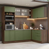 Cocina Integral Vik Marrón y Verde 399x225cm sin Mesón para Pozuelo Izquierda con Puertas de Vidrio y sin Estufa