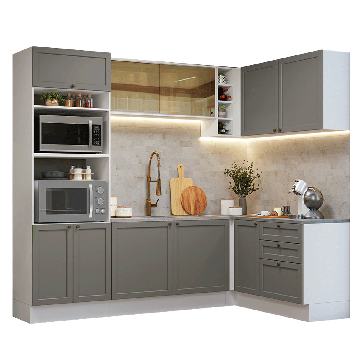 Cocina Integral Vik Blanco y Gris 399x225cm sin Mesón con Puertas de Vidrio Amarillo para Pozuelo Izquierda y sin Estufa