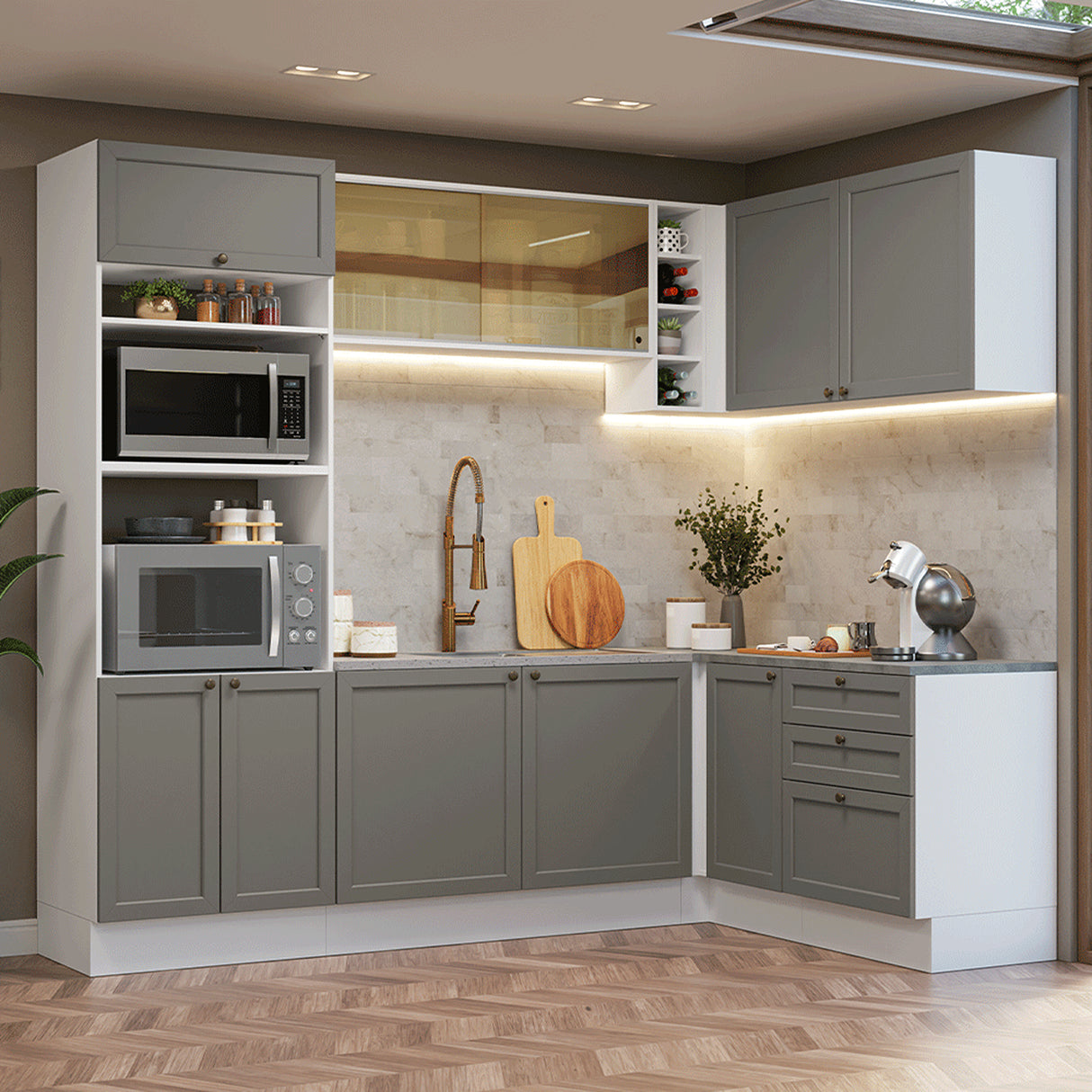 Cocina Integral Vik Blanco y Gris 399x225cm sin Mesón con Puertas de Vidrio Amarillo para Pozuelo Izquierda y sin Estufa