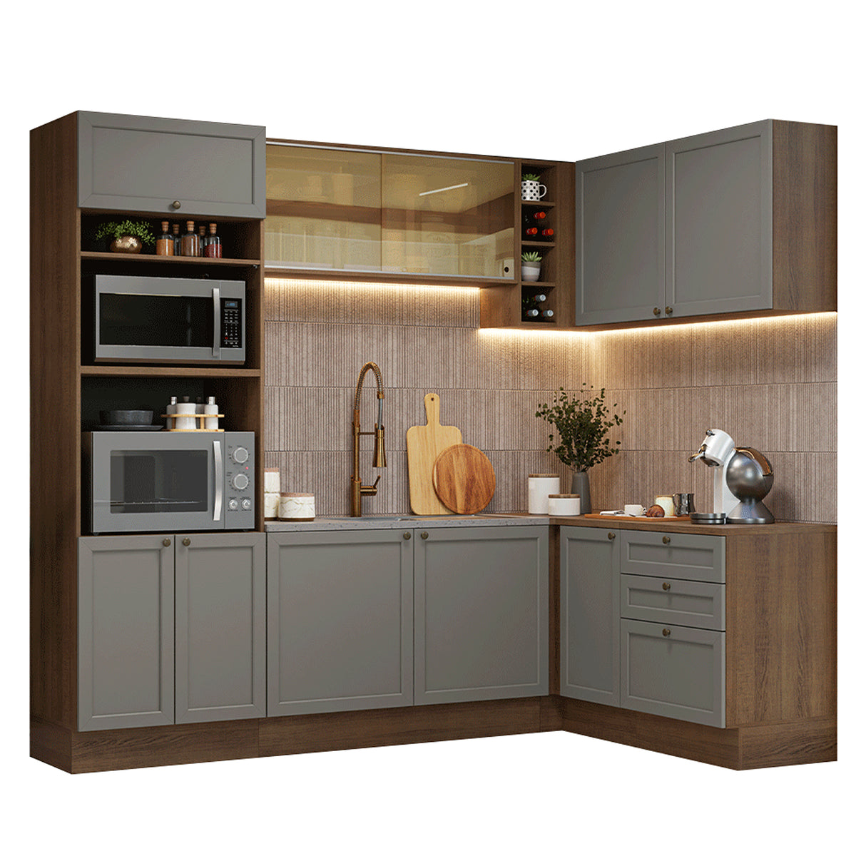 Cocina Integral Vik Marrón y Gris 399x225cm sin Mesón para Pozuelo Izquierda con Puertas de Vidrio Amarillo y sin Estufa