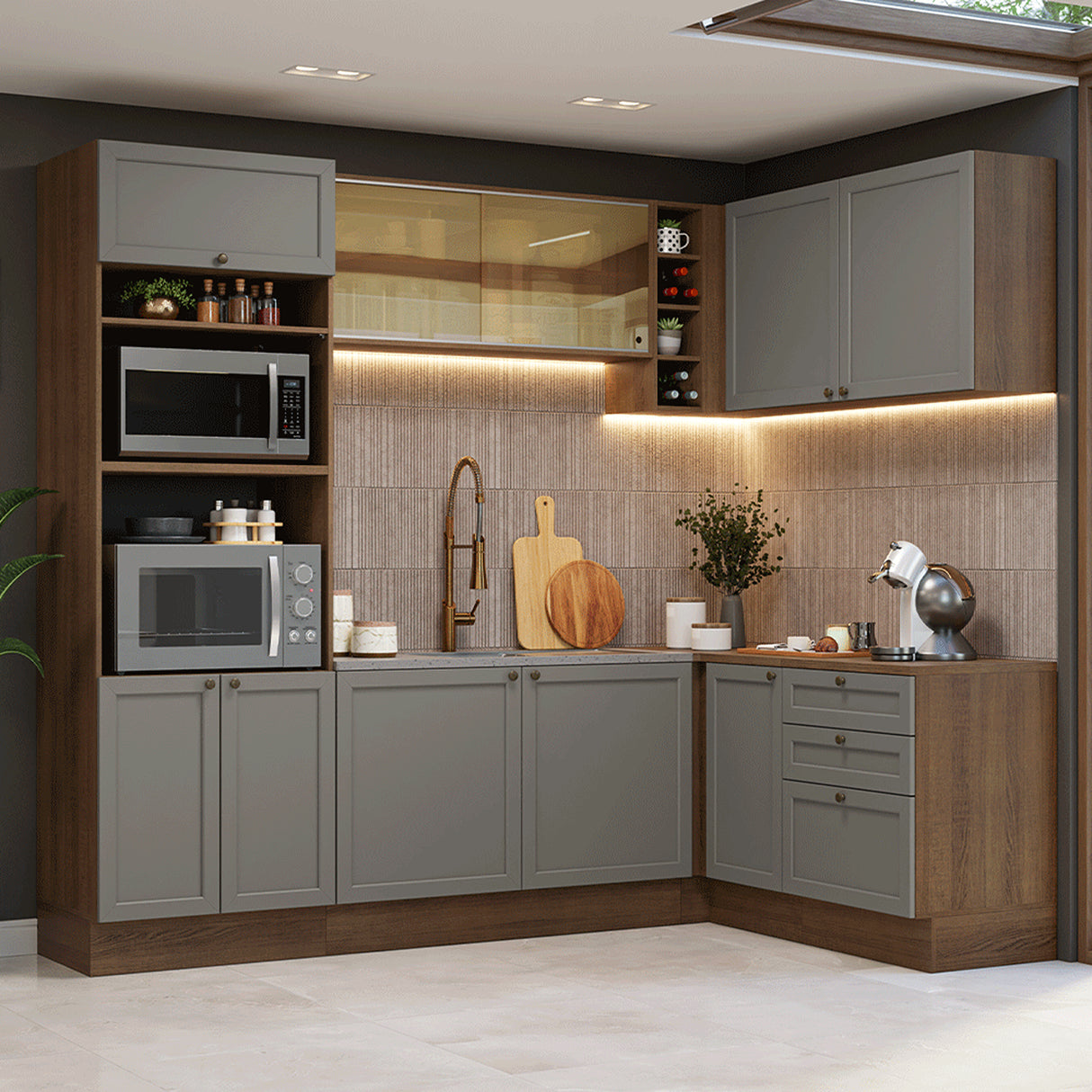 Cocina Integral Vik Marrón y Gris 399x225cm sin Mesón para Pozuelo Izquierda con Puertas de Vidrio Amarillo y sin Estufa
