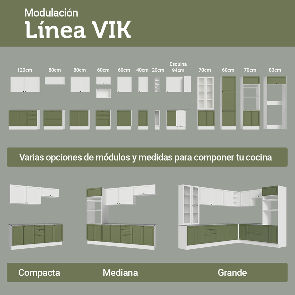 Cocina Integral Vik Blanco y Verde 399x225cm sin Mesón para Pozuelo Izquierda y sin Estufa