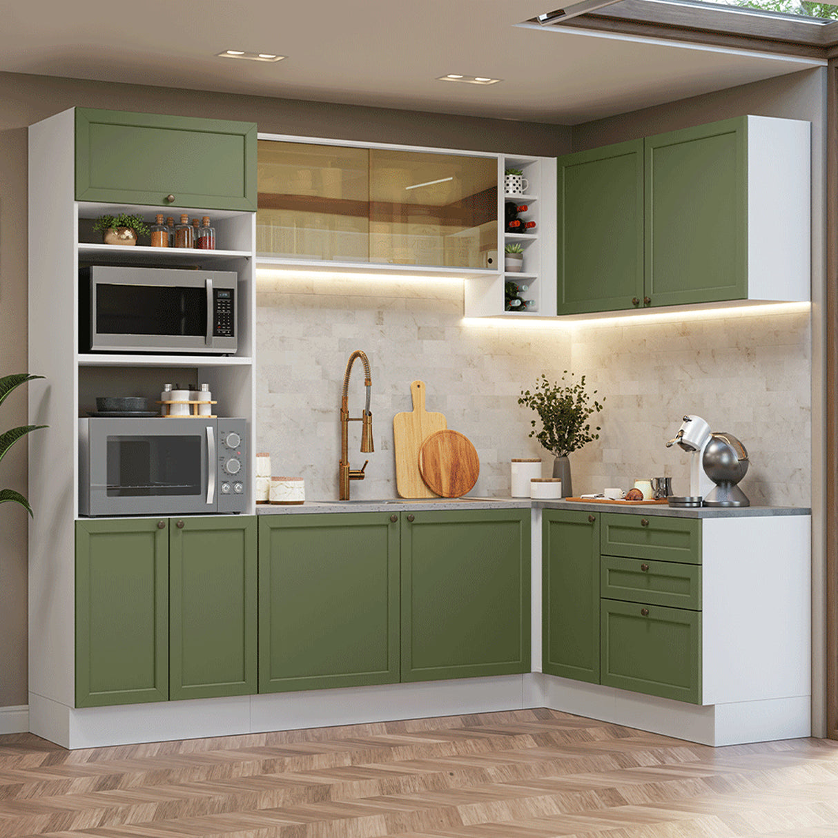 Cocina Integral Vik Blanco y Verde 399x225cm sin Mesón para Pozuelo Izquierda y sin Estufa