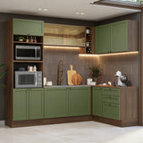 Cocina Integral Vik Marrón y Verde 399x225cm sin Mesón para Pozuelo Izquierda y sin Estufa