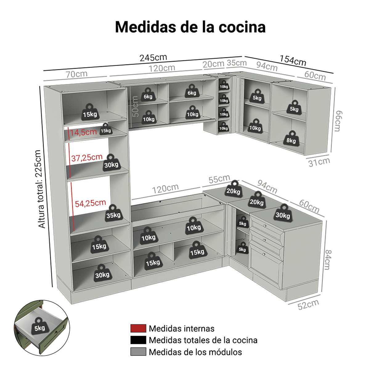 Cocina Integral Vik Marrón y Verde 399x225cm sin Mesón para Pozuelo Izquierda y sin Estufa