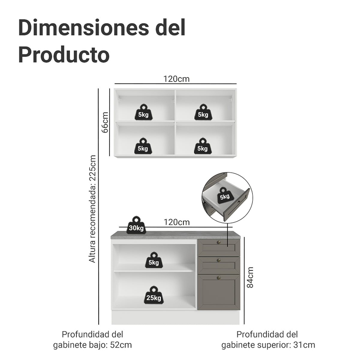 Cocina Integral Vik Blanco y Gris 120x225cm con Mesón de Madera Aglomerada Mdp y sin Estufa