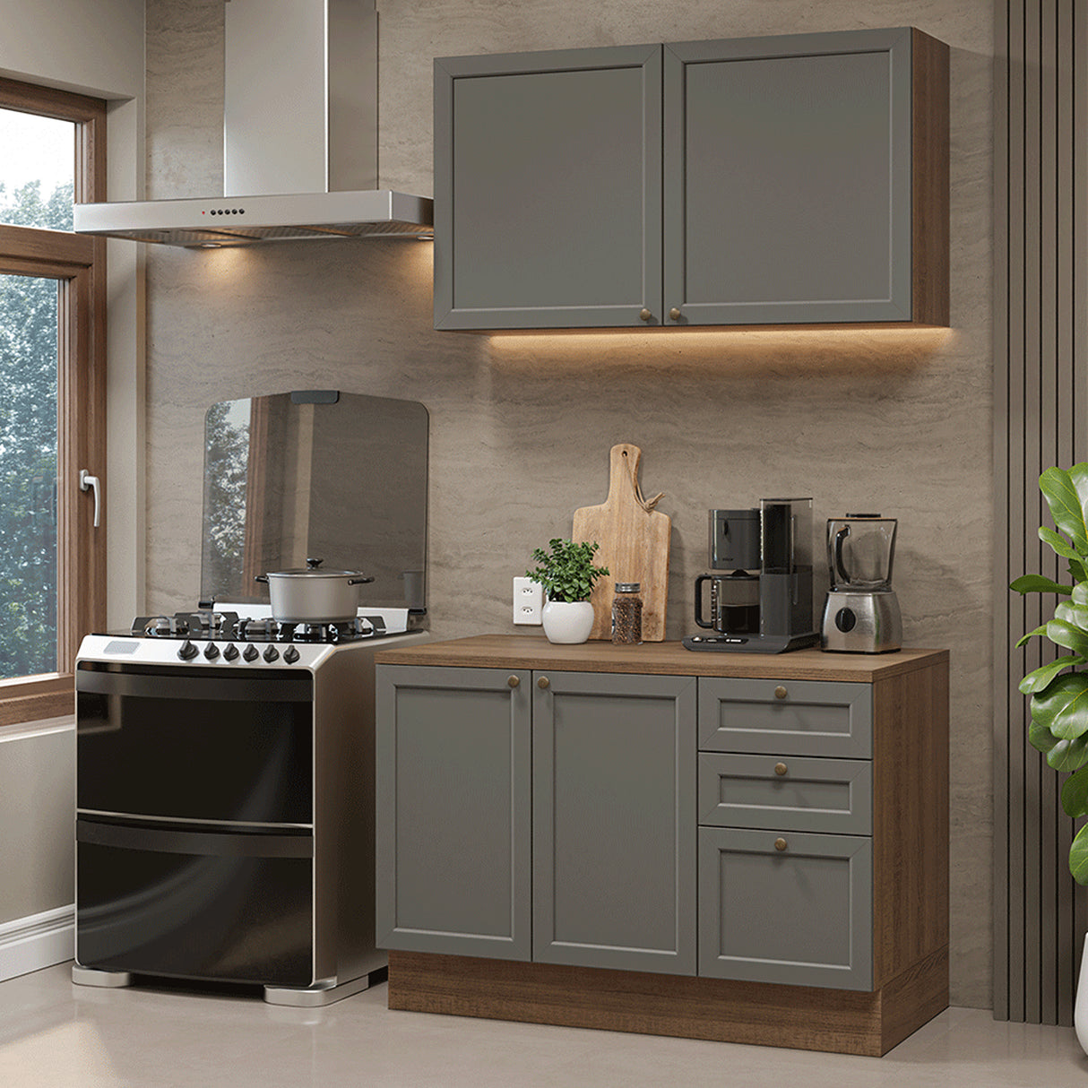 Cocina Integral Vik Marrón y Gris 120x225cm con Mesón de Madera Aglomerada Mdp y sin Estufa