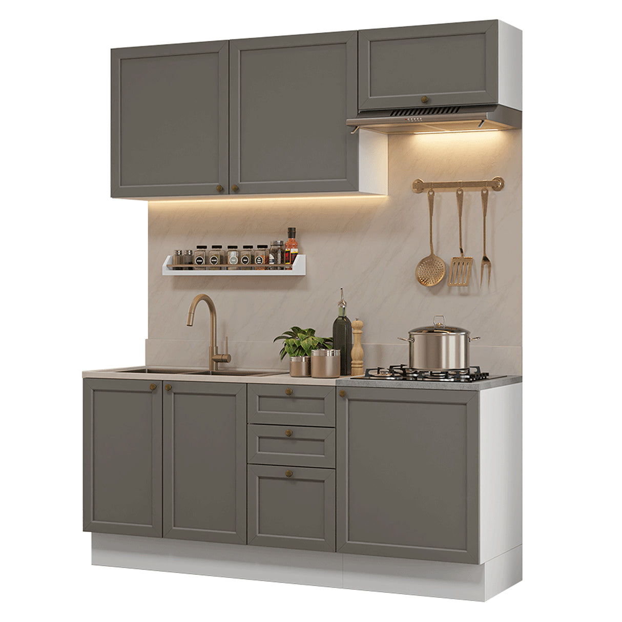 Cocina Integral Vik Blanco y Gris 180x225cm sin Mesón para Pozuelo Izquierda con Tres Puertas Inferiores y sin Estufa