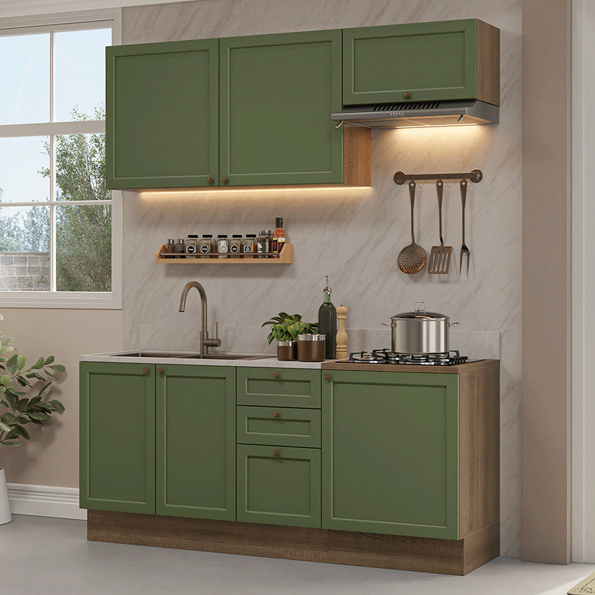 Cocina Integral Vik Marrón y Verde 180x225cm sin Mesón para Pozuelo Izquierda con Tres Puertas Inferiores y sin Estufa