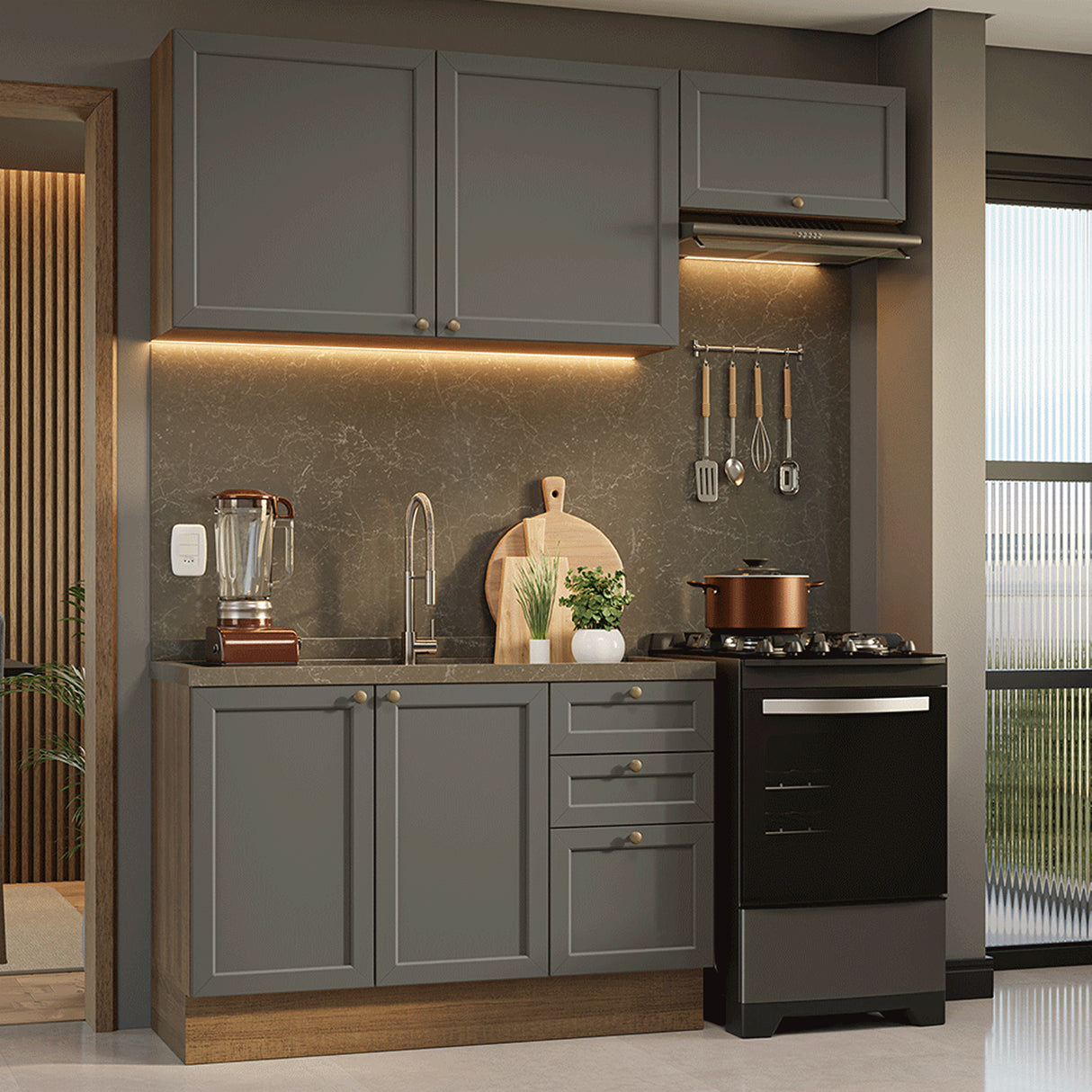 Cocina Integral Vik Marrón y Gris 180x225cm sin Mesón para Pozuelo Izquierda con Dos Puertas Inferiores y sin Estufa