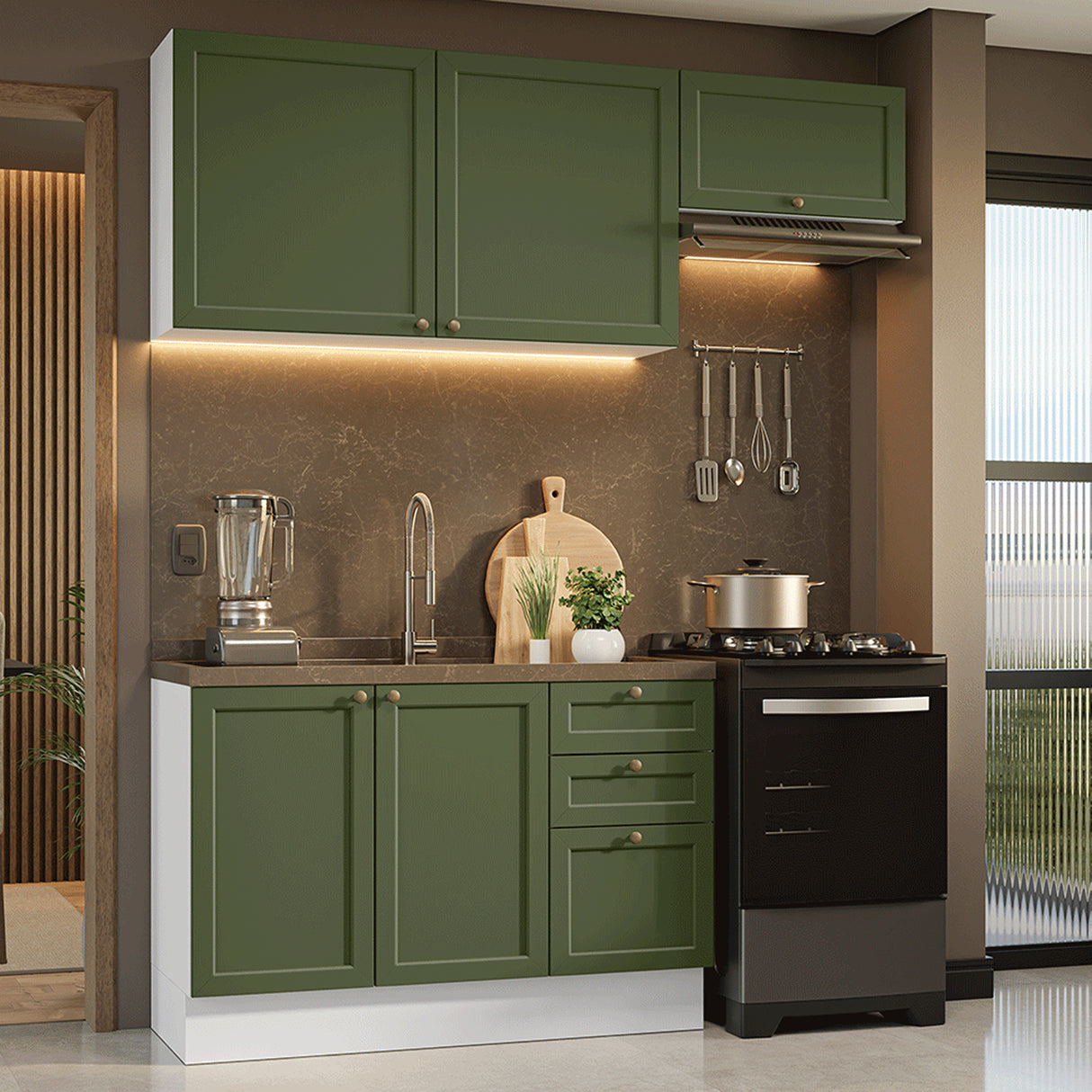 Cocina Integral Vik Blanco y Verde 180x225cm sin Mesón para Pozuelo Izquierda con Dos Puertas Inferiores y sin Estufa