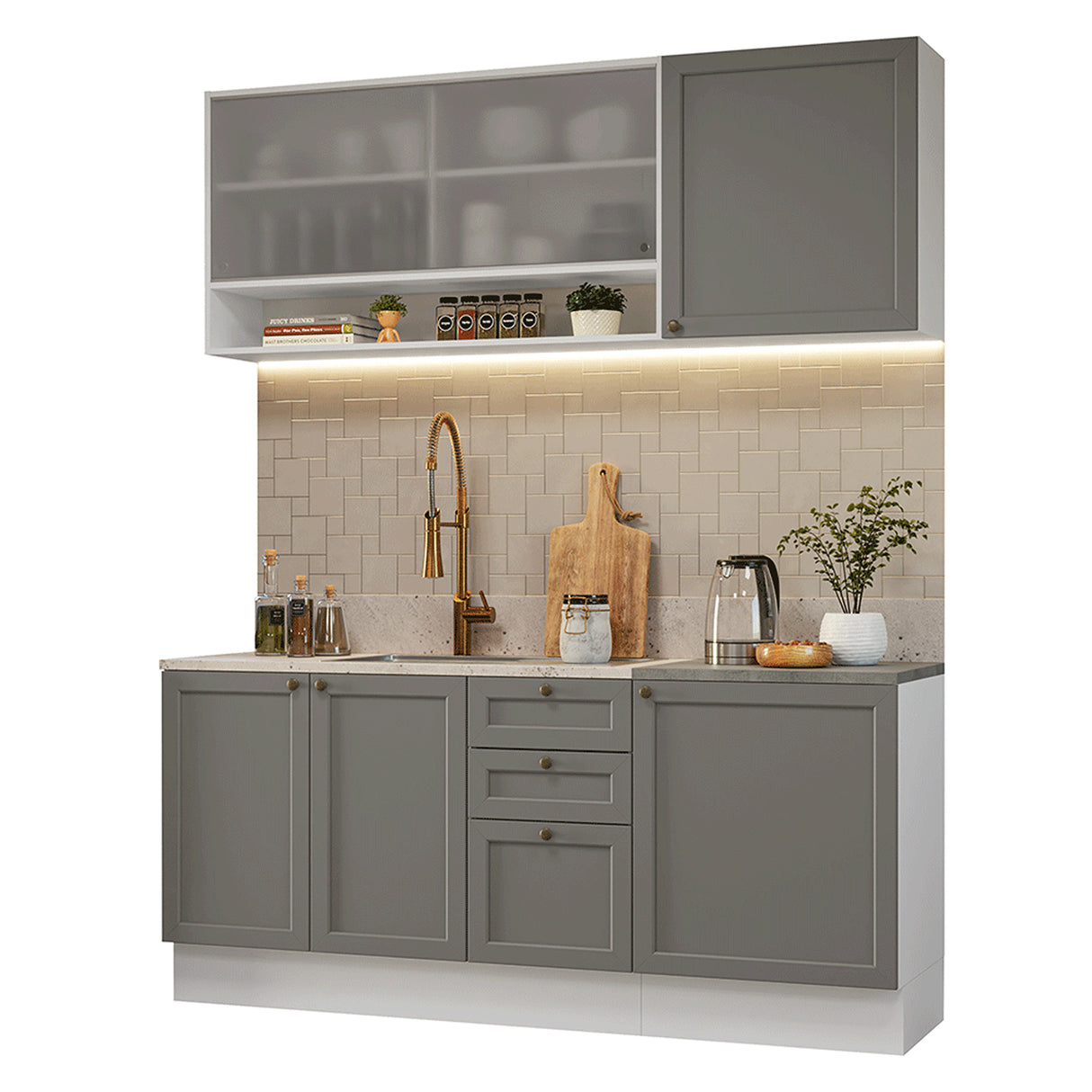 Cocina Integral Vik Blanco y Gris 180x225cm sin Mesón para Pozuelo Izquierda con Puertas de Vidrio y sin Estufa