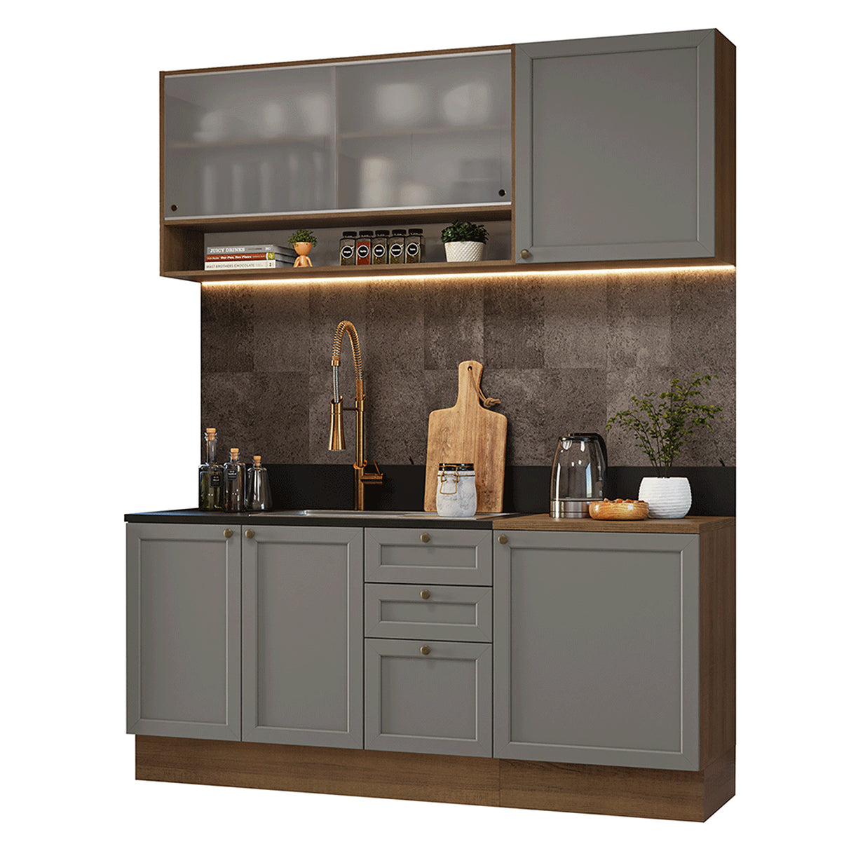 Cocina Integral Vik Marrón y Gris 180x225cm sin Mesón para Pozuelo Izquierda con Puertas de Vidrio y sin Estufa