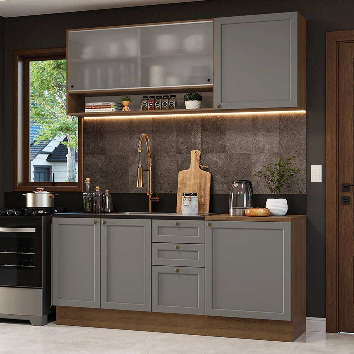 Cocina Integral Vik Marrón y Gris 180x225cm sin Mesón para Pozuelo Izquierda con Puertas de Vidrio y sin Estufa
