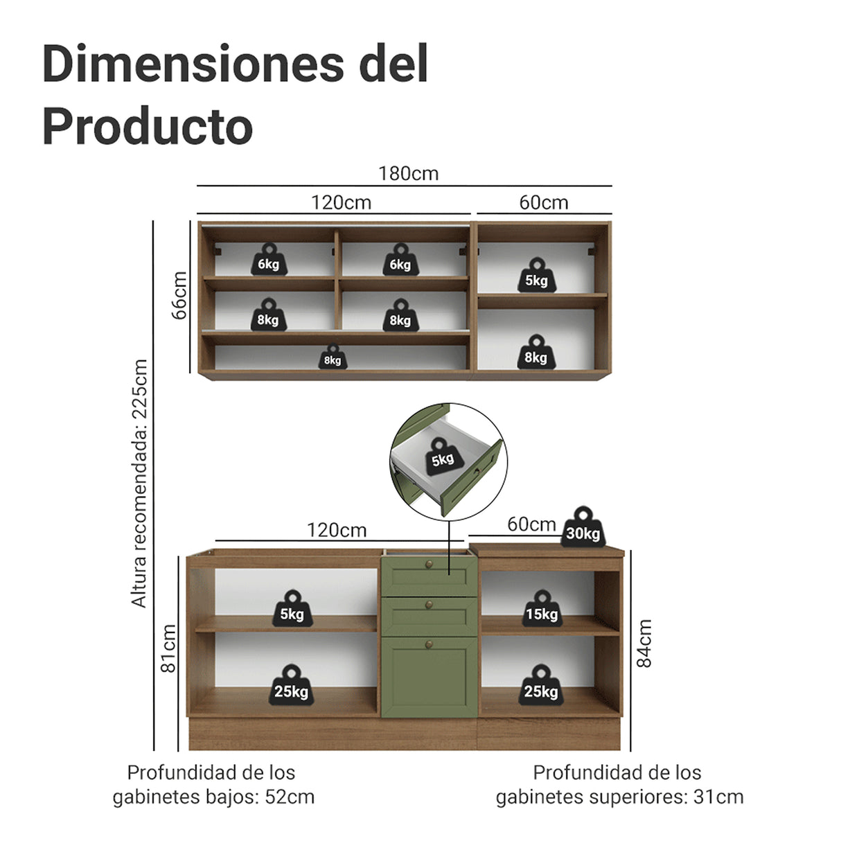 Cocina Integral Vik Marrón y Verde 180x225cm sin Mesón para Pozuelo Izquierda con Puertas de Vidrioy sin Estufa