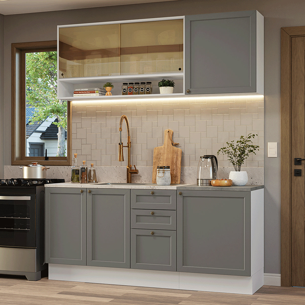 Cocina Integral Vik Blanco y Gris 180x225cm sin Mesón para Pozuelo Izquierda don Puertas de Vidrio Amarilloy sin Estufa