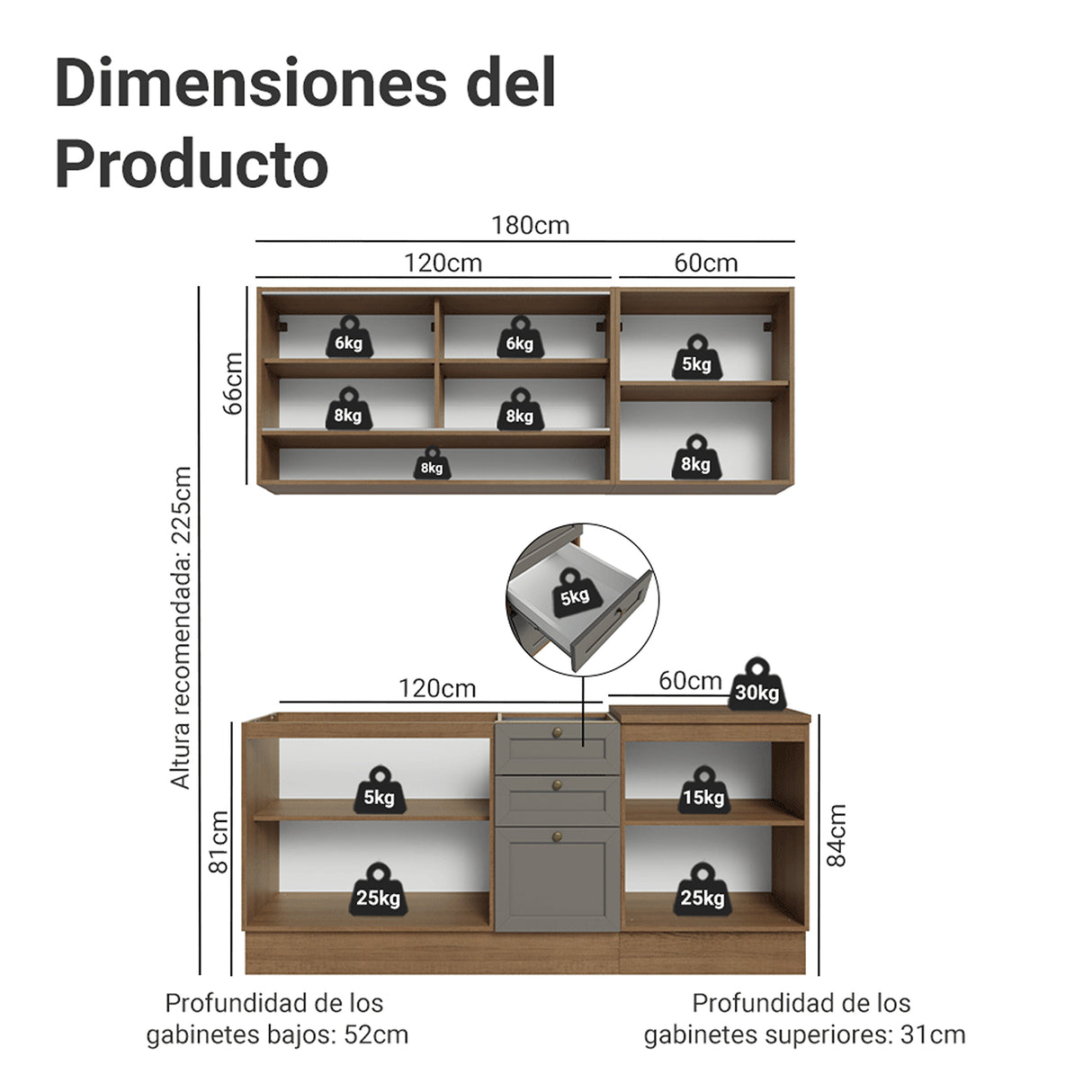 Cocina Integral Vik Marrón y Gris 180x225cm sin Mesón para Pozuelo Izquierda con Puertas de Vidrio Amarillo y sin Estufa