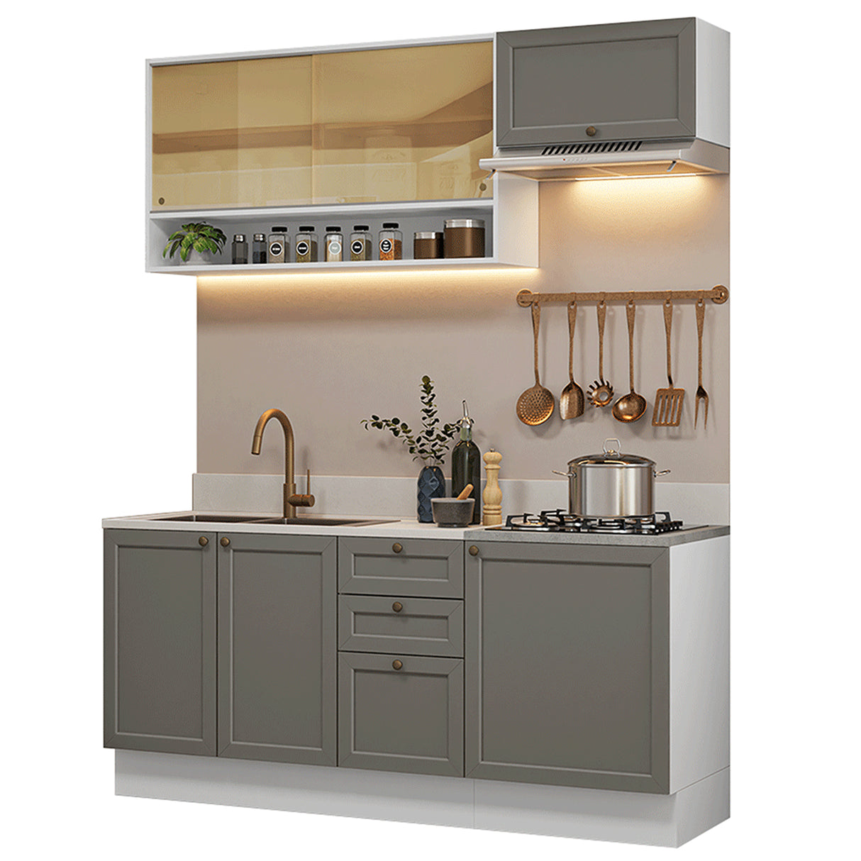 Cocina Integral Vik Blanco y Gris 180x225cm sin Mesón para Pozuelo Izquierda con Espacio para Campana y sin Estufa