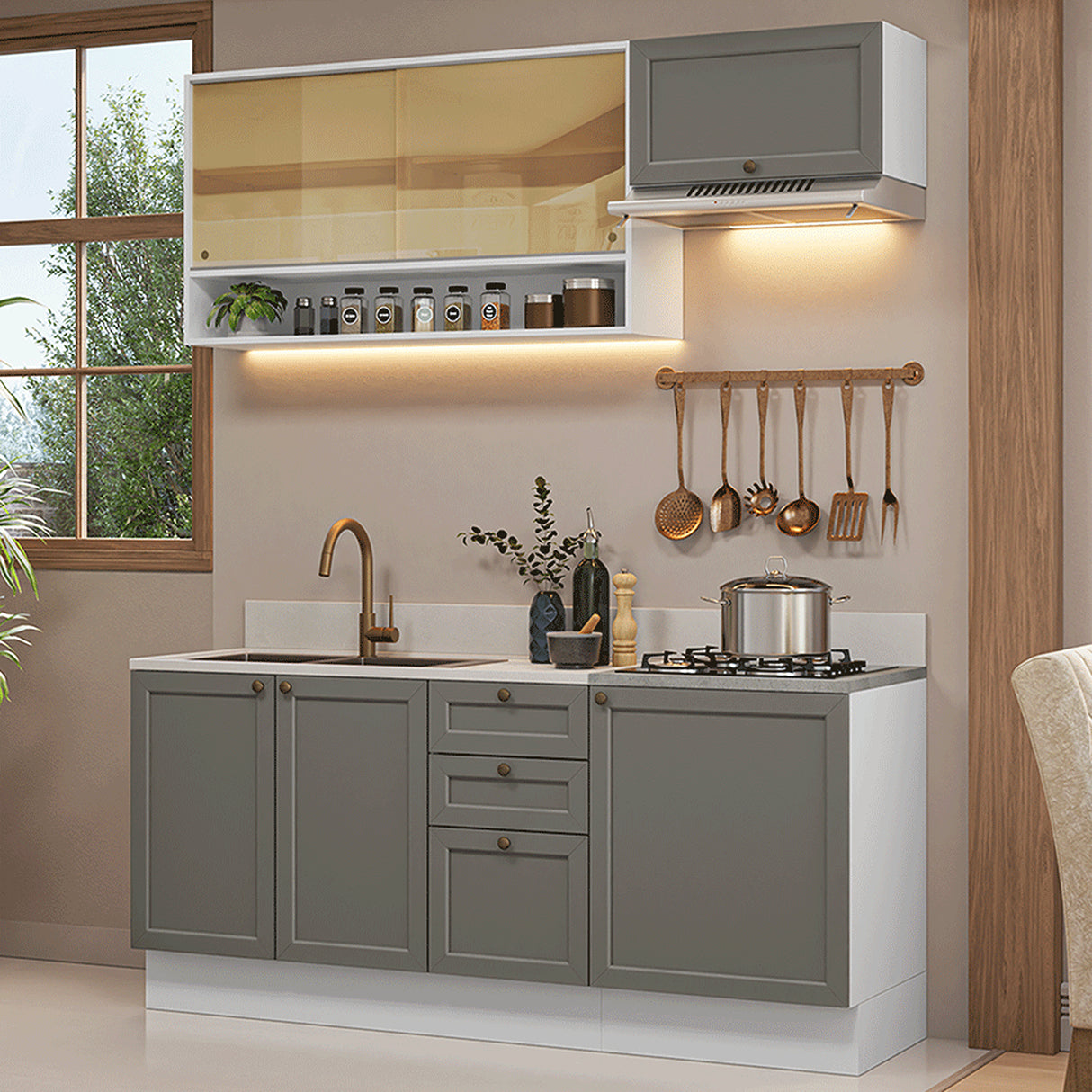 Cocina Integral Vik Blanco y Gris 180x225cm sin Mesón para Pozuelo Izquierda con Espacio para Campana y sin Estufa