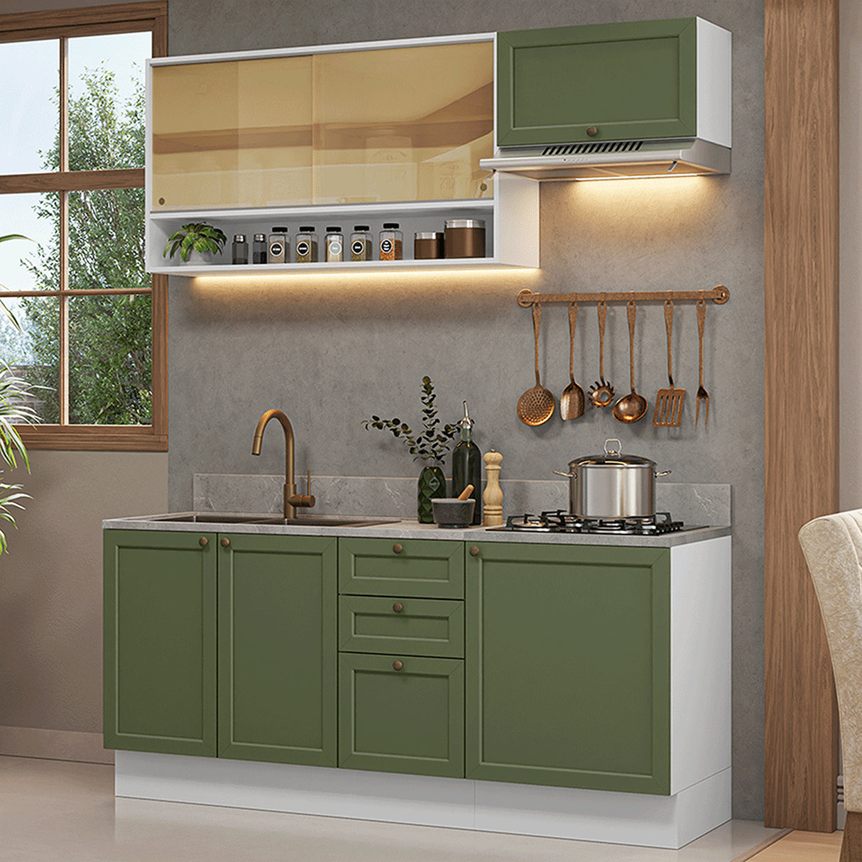 Cocina Integral Vik Blanco y Verde 180x225cm sin Mesón para Pozuelo Izquierda con Espacio para Campana y sin Estufa