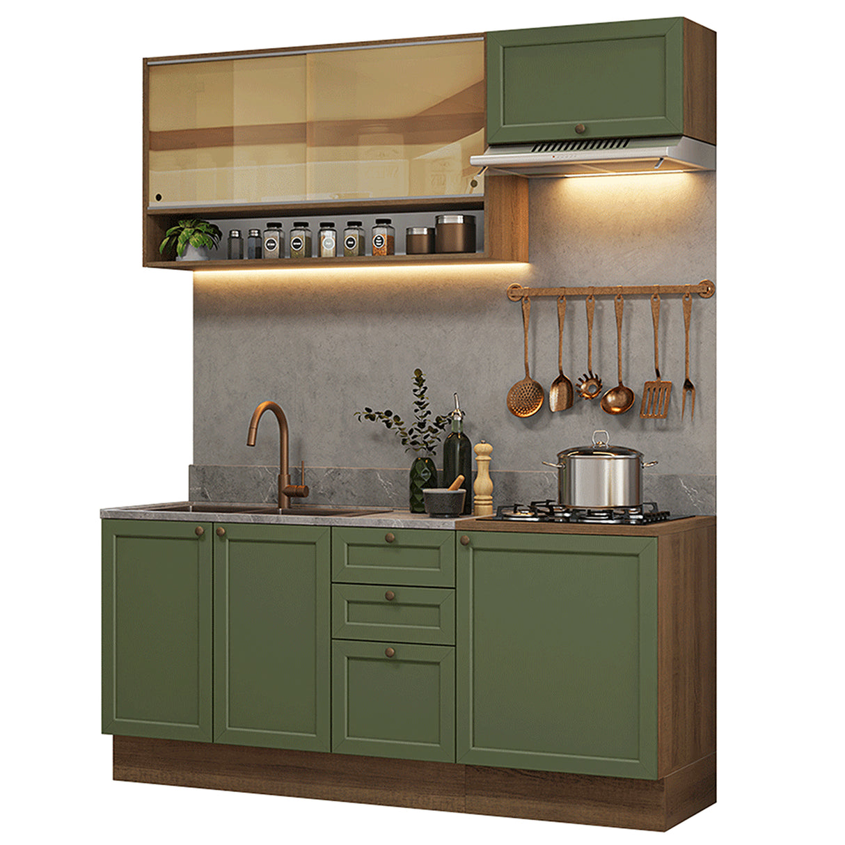 Cocina Integral Vik Marrón y Verde 180x225cm sin Mesón para Pozuelo Izquierda con Espacio para Campana y sin Estufa