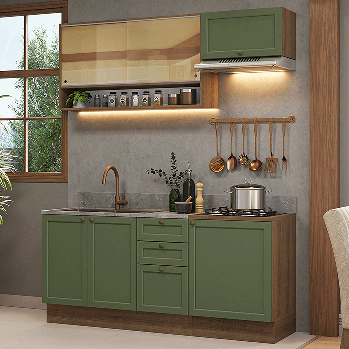 Cocina Integral Vik Marrón y Verde 180x225cm sin Mesón para Pozuelo Izquierda con Espacio para Campana y sin Estufa