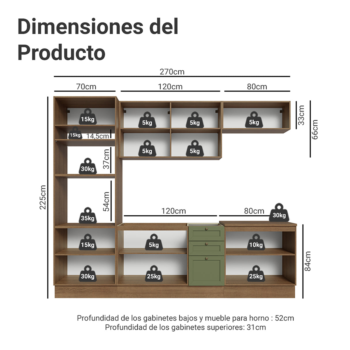 Cocina Integral Vik Marrón y Verde 270x225cm sin Mesón para Pozuelo Izquierda con Seis Puertas Inferiores y sin Estufa