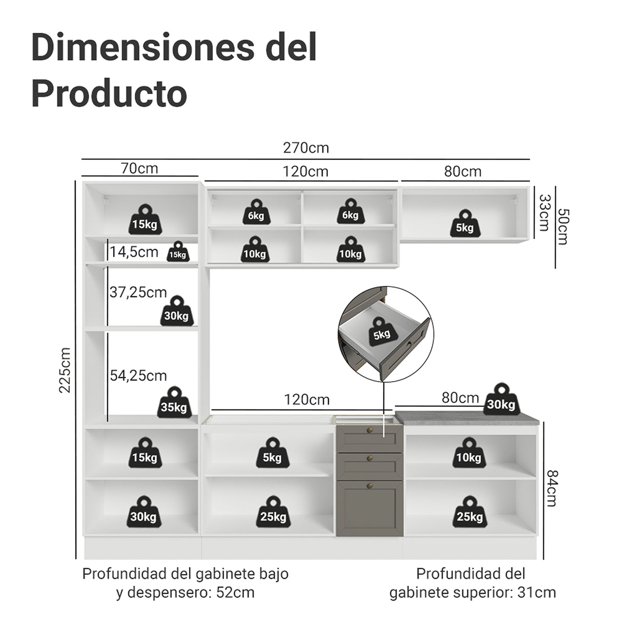 Cocina Integral Vik Blanco y Gris 270x225cm sin Mesón para Pozuelo Izquierda con Puertas de Vidrio Amarillo y sin Estufa