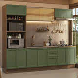 Cocina Integral Vik Marrón y Verde 270x225cm sin Mesón para Pozuelo Izquierda con Puertas de Vidrio Amarillo y sin Estufa