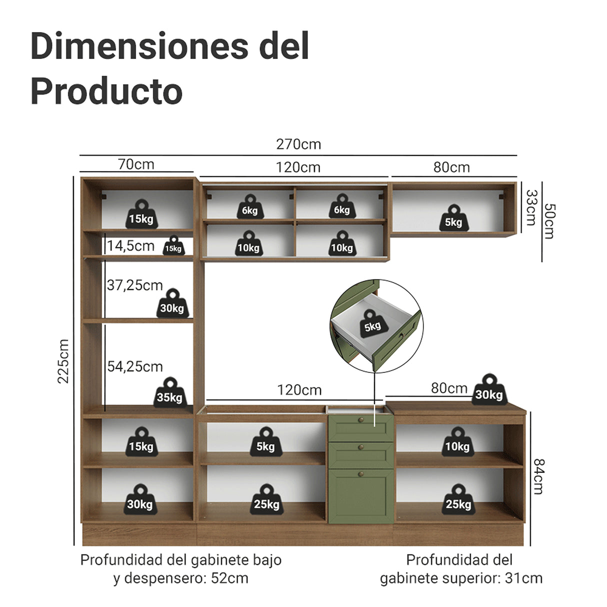 Cocina Integral Vik Marrón y Verde 270x225cm sin Mesón para Pozuelo Izquierda con Puertas de Vidrio Amarillo y sin Estufa