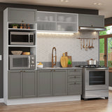 Cocina Integral Vik Blanco y Gris 270x225cm sin Mesón para Pozuelo Izquierda con Puertas de Vidrio y sin Estufa