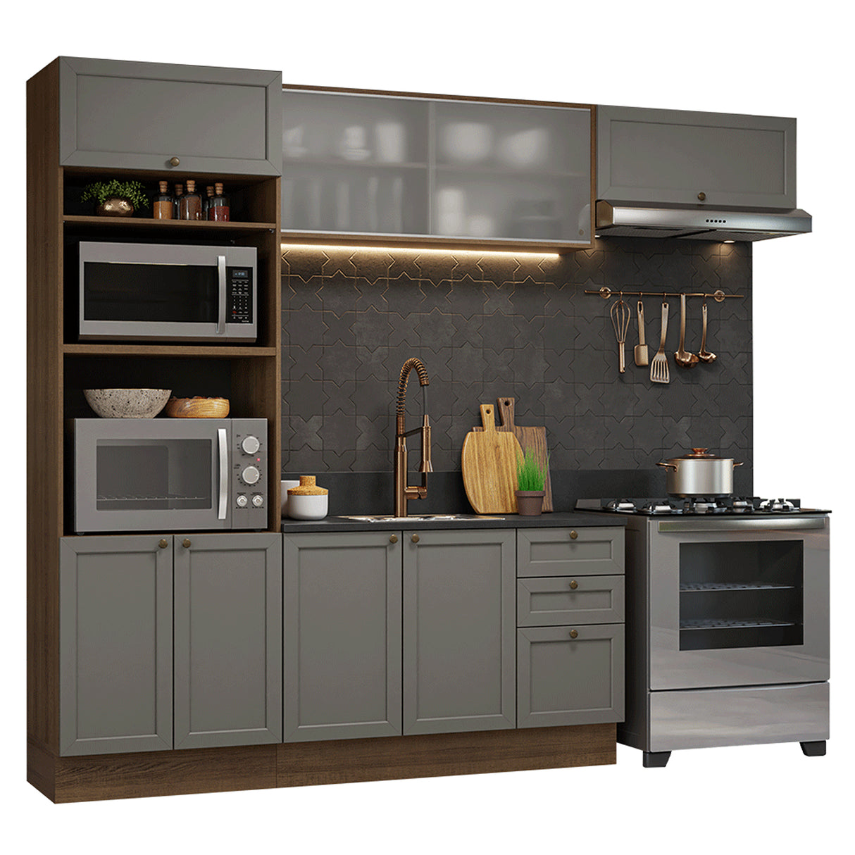 Cocina Integral Vik Marrón y Gris 270x225cm sin Mesón para Pozuelo Izquierda con Puertas de Vidrio y sin Estufa