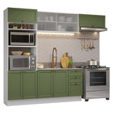 Cocina Integral Vik Blanco y Verde 270x225cm sin Mesón para Pozuelo Izquierda con Puertas de Vidrio y sin Estufa